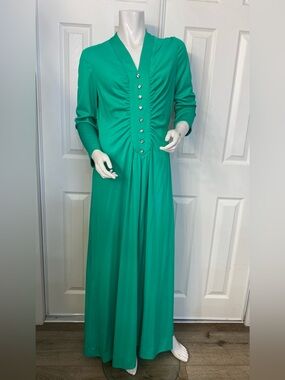‼️Vintage 70s Emerald Green Long Sleeve Maxi Dress with Front Button Detail